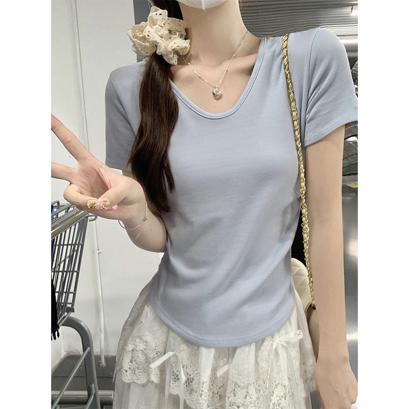 White v-neck basic short-sleeved T-shirt for women summer 2024 new slim fit and versatile Korean style short top for small people