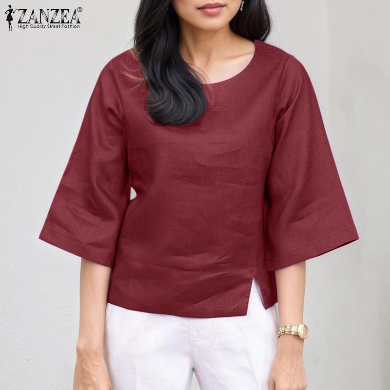 ZANZEA Women Casual O-neck Summer Solid Color 3/4 Sleeve Blouse