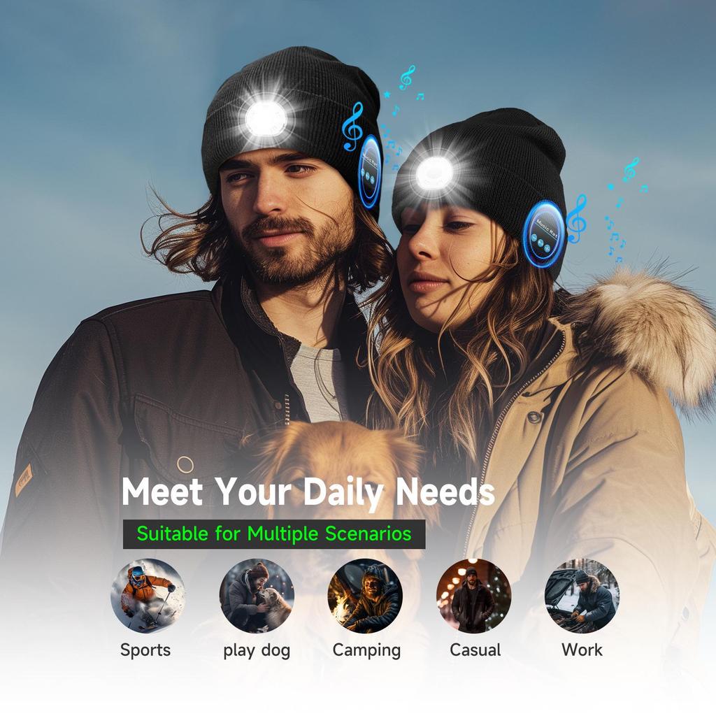 Luminous LED Headlamp Music Hat with Wireless Bluetooth Earphones for Night Running & Fishing
