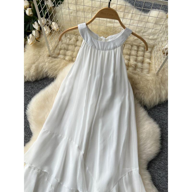 Seaside Holiday Dress Women's Pure Desire Atmosphere Halterneck Ruffles Chiffon Fairy Dress French Sleeveless Long Skirt