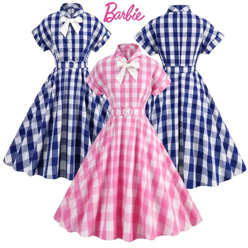 Vintage Barbie Pink Checkered Dress With Butterfly Bow-tie Collar