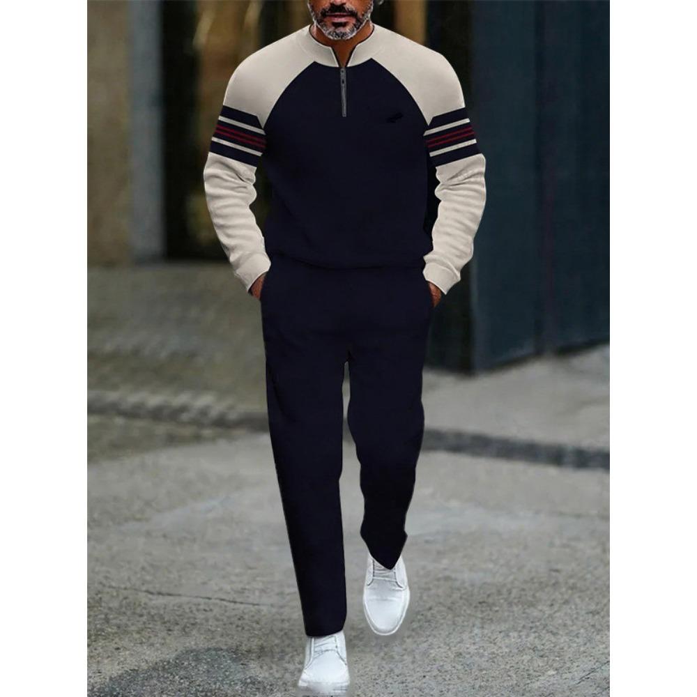 Frühling Herbst Mode Streetwear Herren Langarm Halbreißverschluss Stehkragen Lässige Sportbekleidung Herrenbekleidung Zweiteiliges Set
