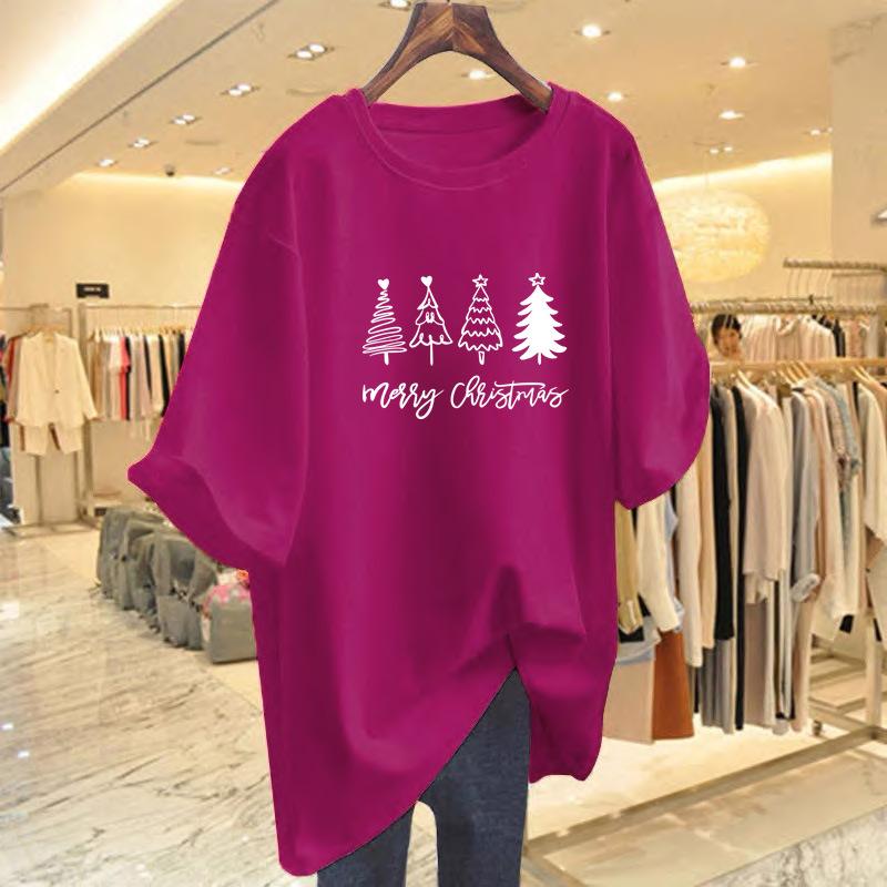 100% pure cotton new round neck medium and long short-sleeved versatile casual large size thin letter printing loose T-shirt women