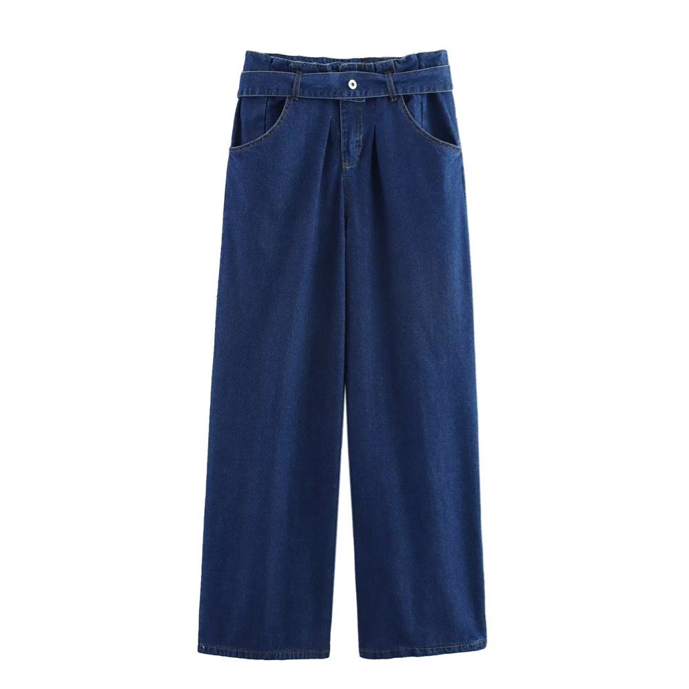 Spring 2025 Women's Denim Set: Turn-Down Collar Shirt & Belted Wide-Leg Jeans