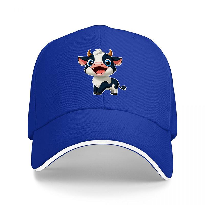 Cute Cow Cartoon Character Baseball Cap Black Adjustable Hat for Adults Fashionable Animal Design Unisex Streetwear Accessory