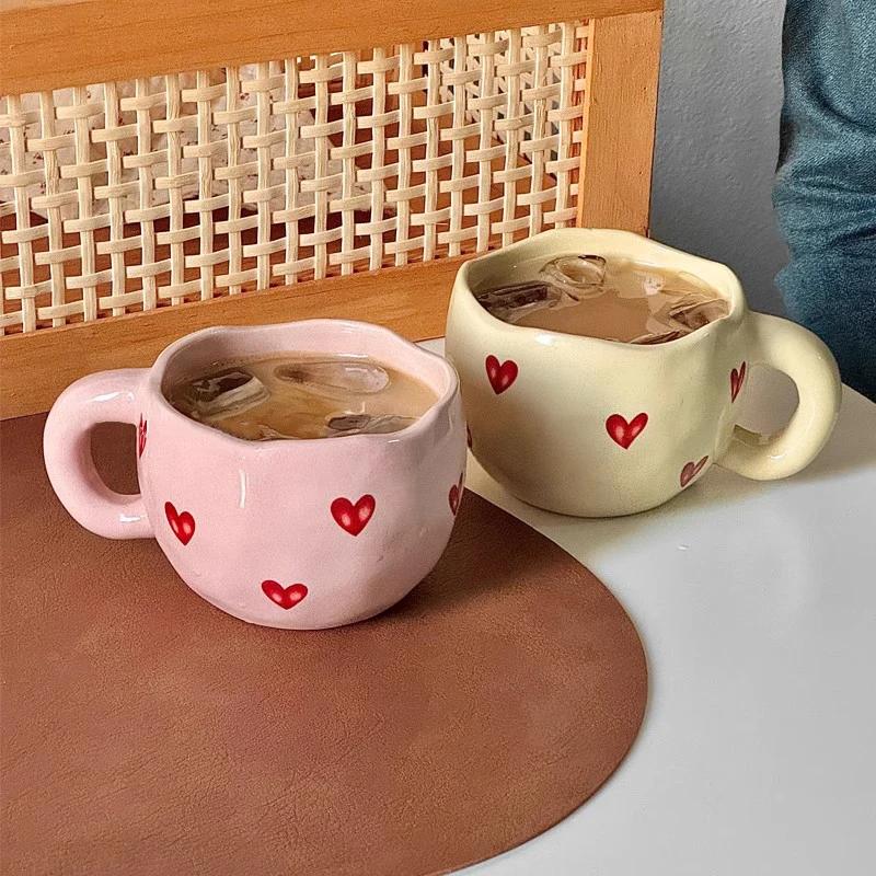 Hand Painted Heart Design Ceramic Coffee Mug With Handle For Milk Tea Romantic Gift Valentine Anniversary Couple Set