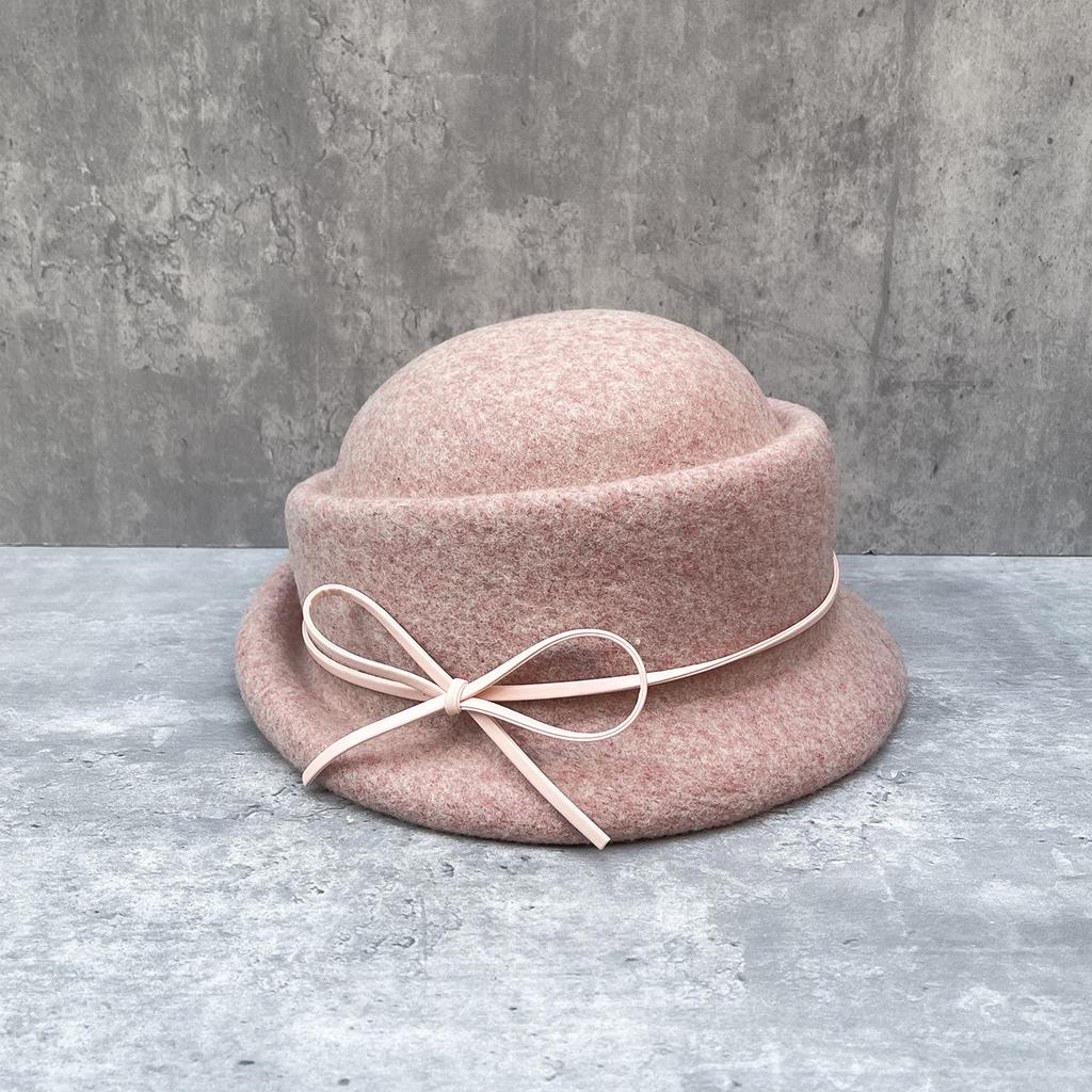 Pink Little Princess Daughter Wind Bow Curled Wool Top Hat Women'S Autumn And Winter Elegant Warm Bucket Hat Shows Small Face