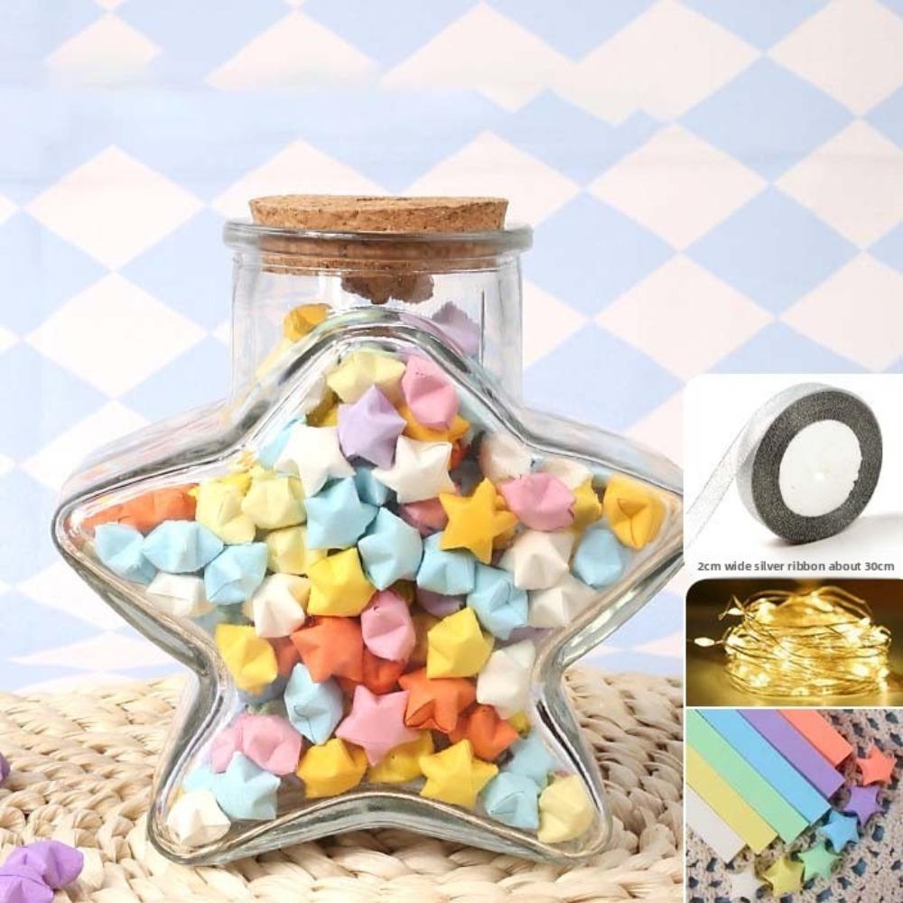 DIY DIY Stars Wishing Bottle Glass Bottle with Shiny String Lights Lucky Star Paper Folding Strips Decorative Rainbow Color