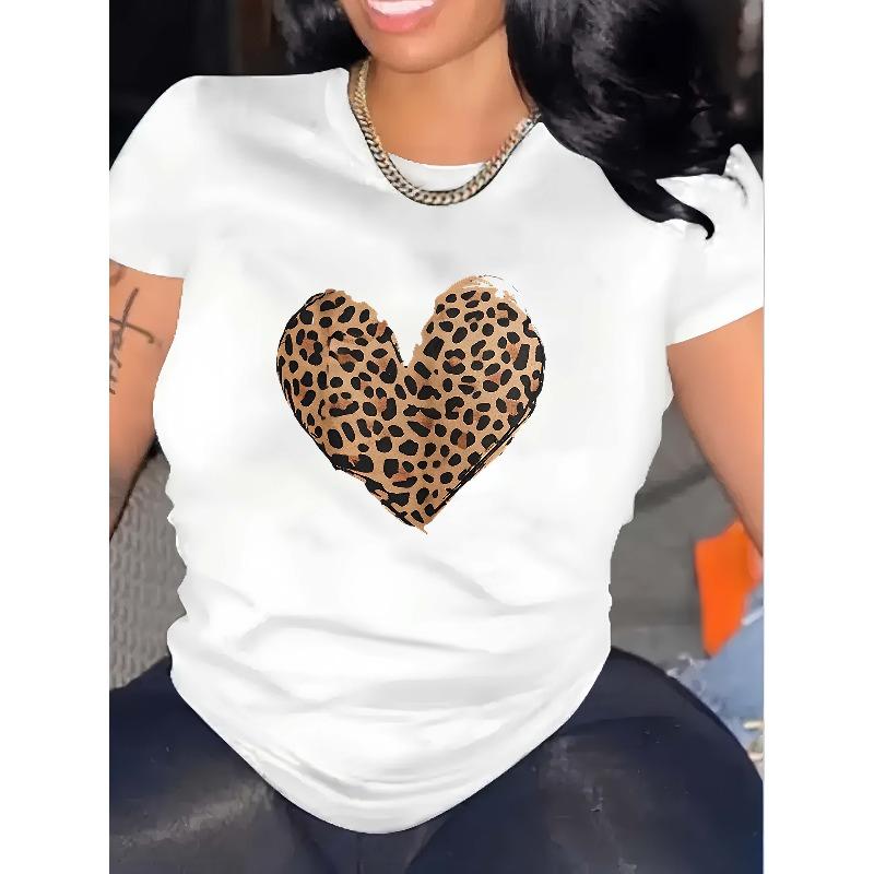 European Size Women s Luck - Cotton White T - shirt: Wild Heartbeat: Leopard Love T-Shirt S
