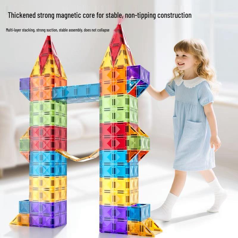 Portable Children's Magnetic Tile Puzzle Toy – Stained Glass Magnetic Building Set in Iron Box