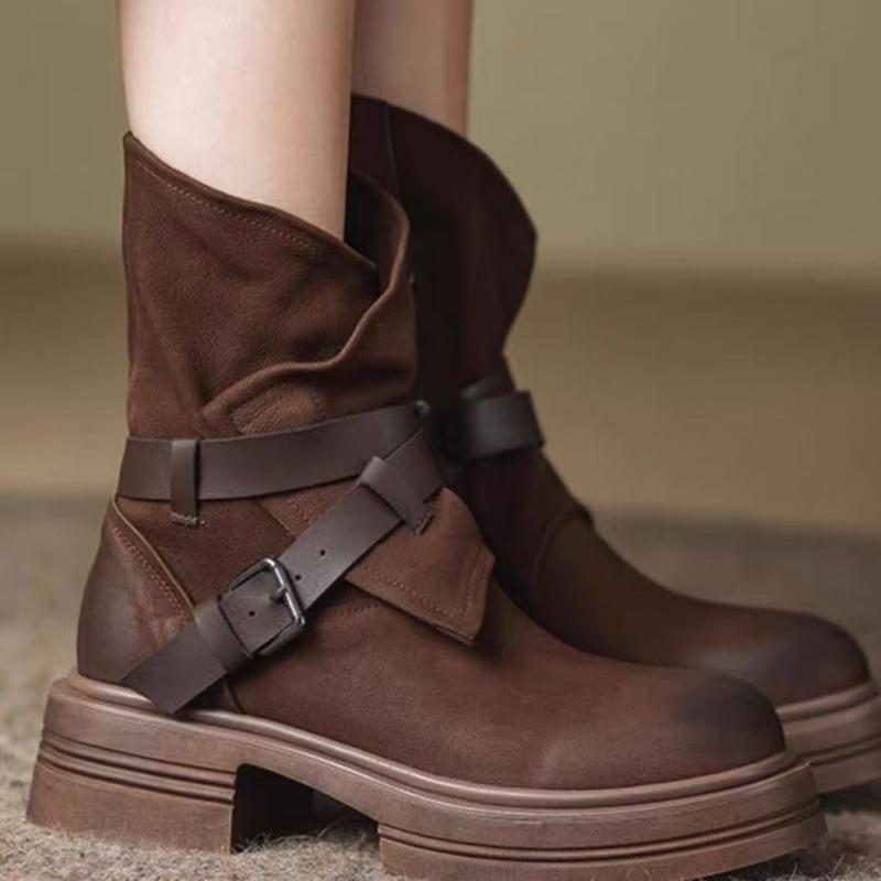 Autumn new dark brown retro old fashion boots women's thick heel low heel round head medium boots