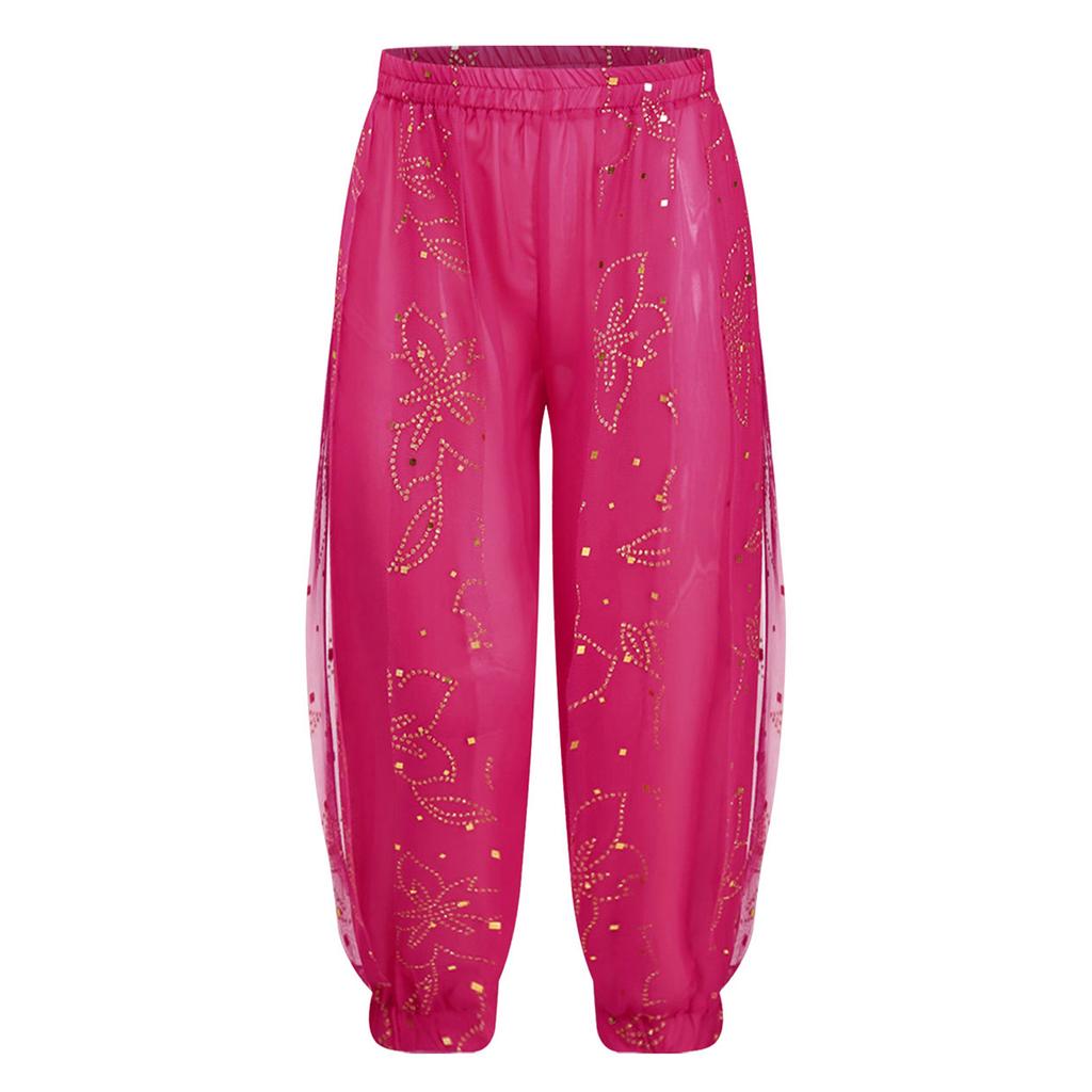 Girls Shiny Floral Print Bloomers Elastic Waist Dance Pants Stage Performance Halloween Costume