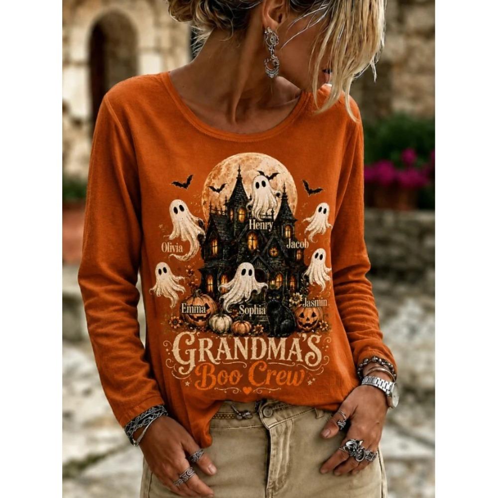 Tops for Women Halloween Print Round Neck Long Sleeve T-shirt Fall Casual Slim Pullover Women's Long Sleeve Top
