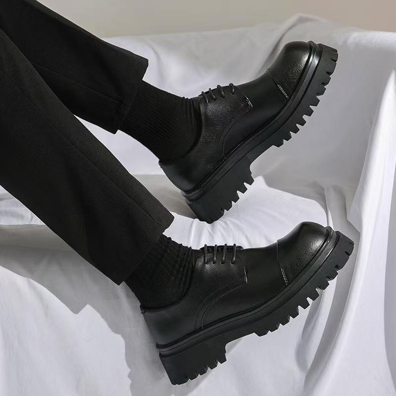 Autumn New Fashion Business Dress Casual Big Head Leather Shoes Men's Platform Heightening Versatile Trend Derby Shoes