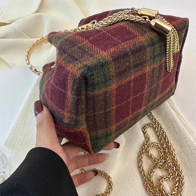 Damen-Umhängetasche mit Kette, neue Retro-Karo-Wolle, einzelne Schultertasche aus Cord