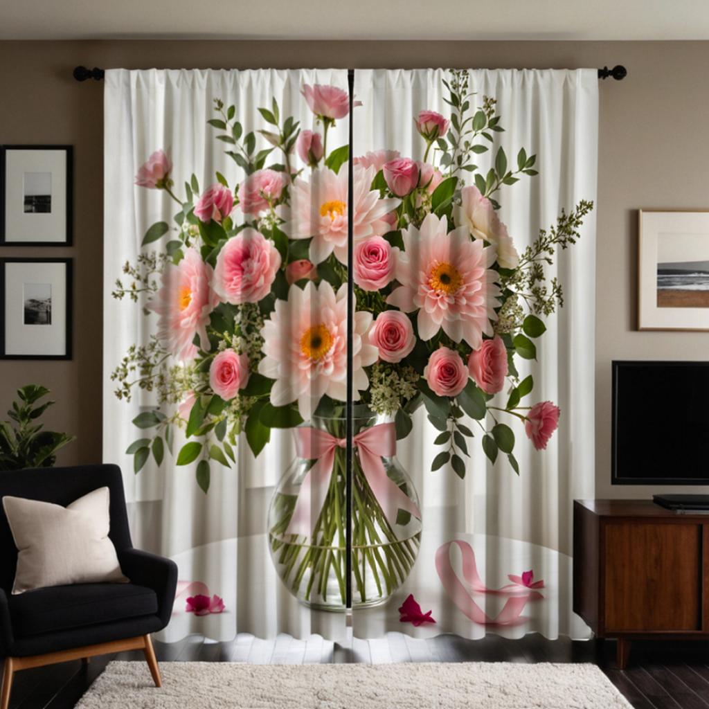 2pcs HD Vase Bouquet of Roses Decorative Curtain Pink Tie Digital Printed Curtain Home Decoration Style Decorative Living Roo