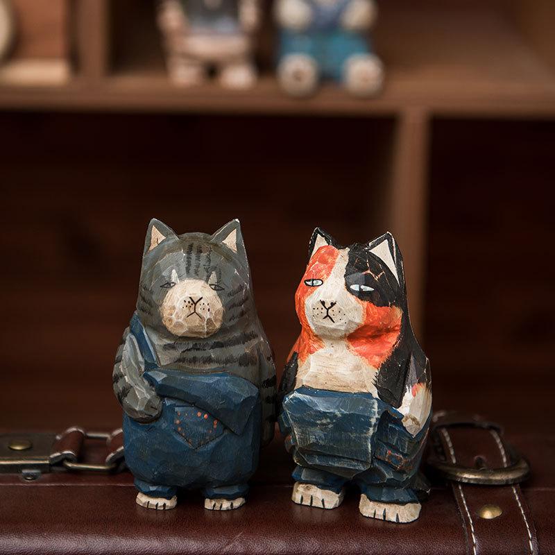 Wooden Cat Sculpture Creative Home Office Desk Ornament For Gifts And Decor