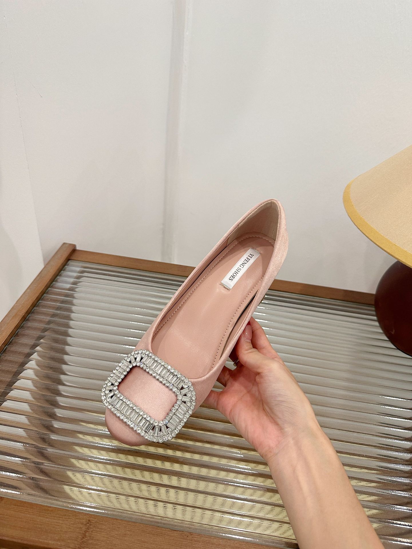 

Sheepskin version inner height increase single shoes women s 2025 new square buckle rhinestone rv high heels light mouth black work commuter shoes 39