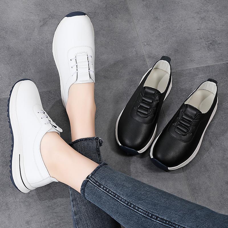 Women Platform Loafers Black Casual Leather Elevator Shoes Thick Sole Height Increase White Sneakers