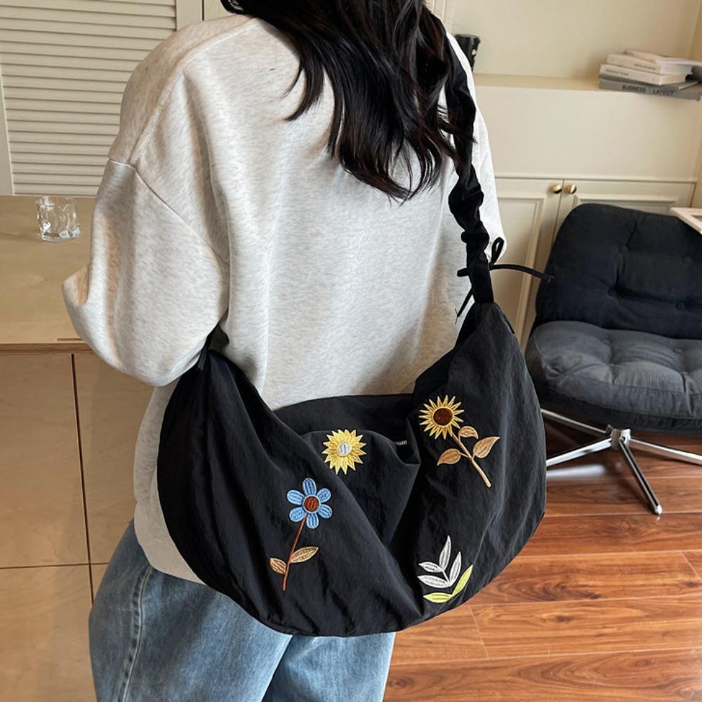 

Легкая сумка-тоут с цветочной вышивкой, сумка на плечо из ткани Оксфорд на кулиске, для студентов чёрный