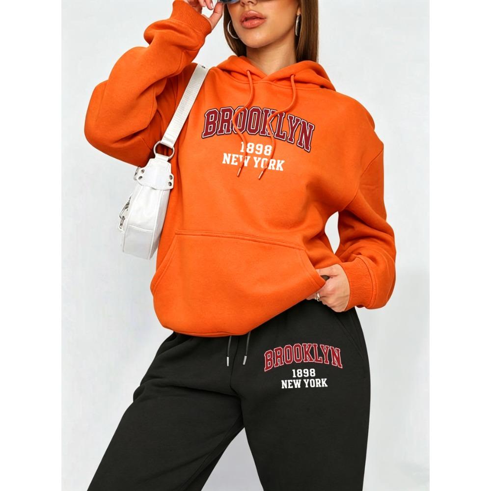 Brooklyn New York Usa Printed Y2K Women'S Hoody Set Multicolor Pocket Hoodie Loose Korean Pants