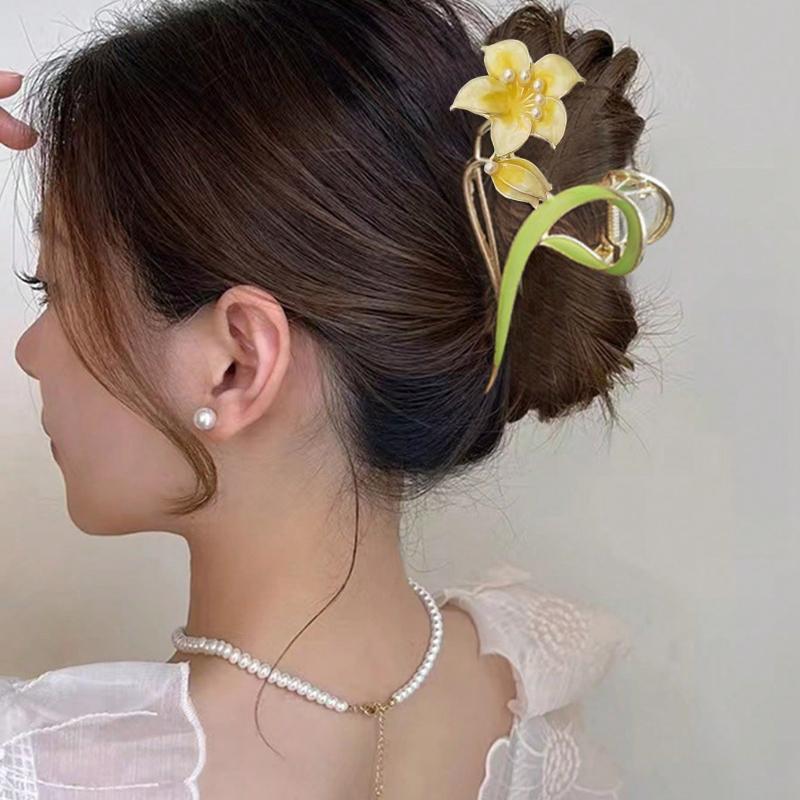 1pc Women's Multi-Color Flower Leaf Shaped Alloy Faux Pearl Hair Claw, Suitable For Everyday Use Boho Valentine's Day Valentines Summer Claw Clips