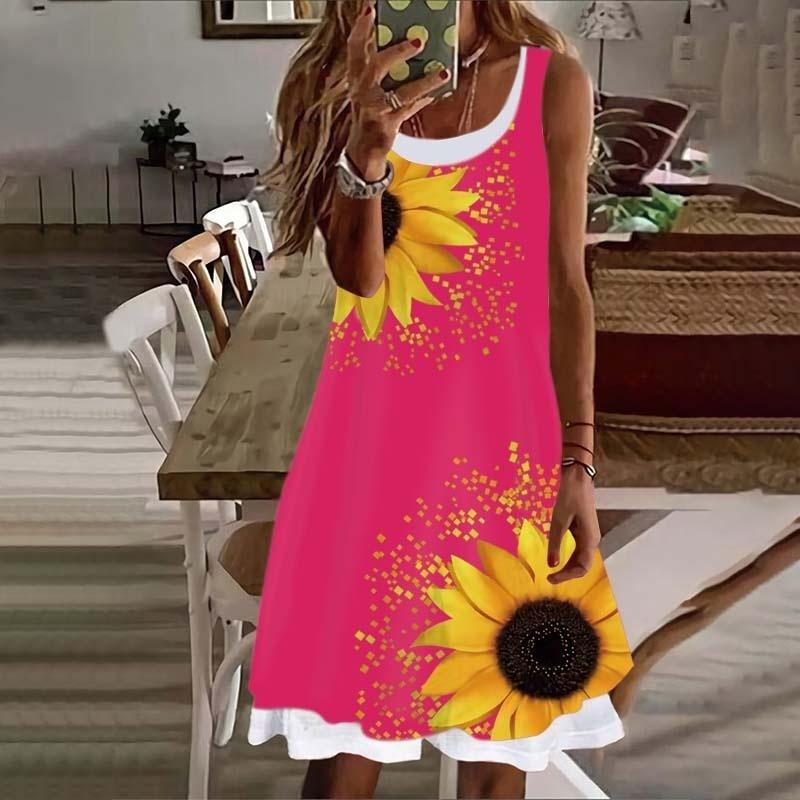 Summer New Fashion Women's Dress Women's Sunflower Fake Two Pieces Printed Sleeveless Casual Soft and Comfortable Plus Size Dress S-5XL