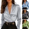 Women Shirt V-Neck Long Sleeve Pleated Smooth Satin Shirt Tops Pure Color Spring