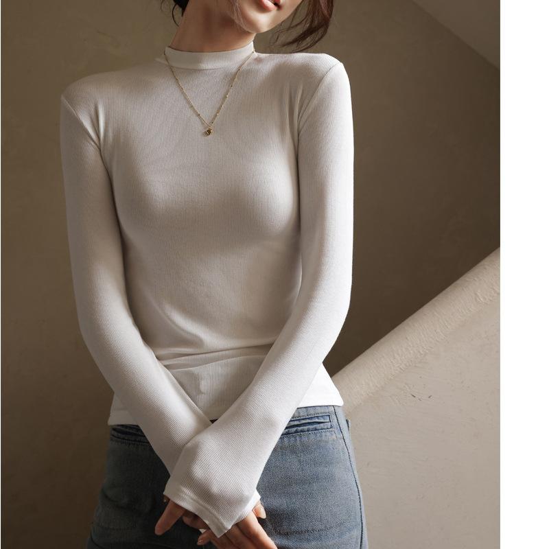 Spring new versatile small stand-up neck threaded slim and thin long-sleeved T-shirt women's niche inner top