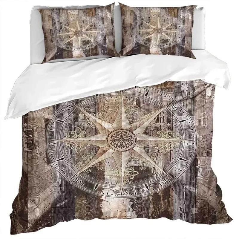 Duvet Cover Compass and Wind Rose Nautical Theme Voyage Words Decorative Bedding Blue White Room Decoration for Women Men Gifts