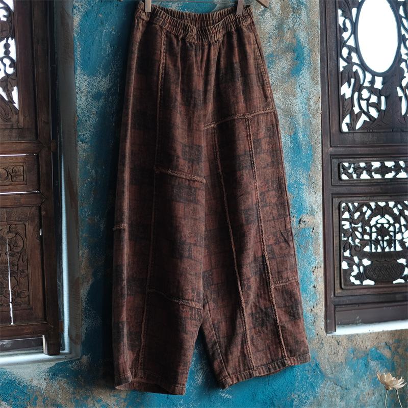 Johnature Pantalones holgados de retazos con cintura elástica de otoño vintage para mujer