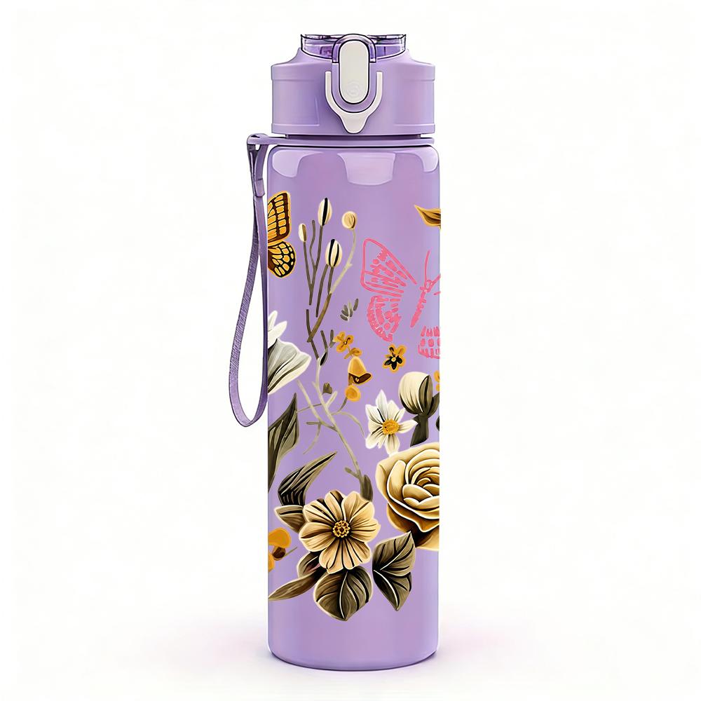 1PC Dried Flower Butterfly Wreath 750ml Color Plastic Sports Water Bottle Leakproof Flip Straw Lid Suitable for Sports Office Home Use