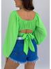 European & American Women's Off-the-Shoulder Lantern Sleeve Crop Top with Lace-Up Design