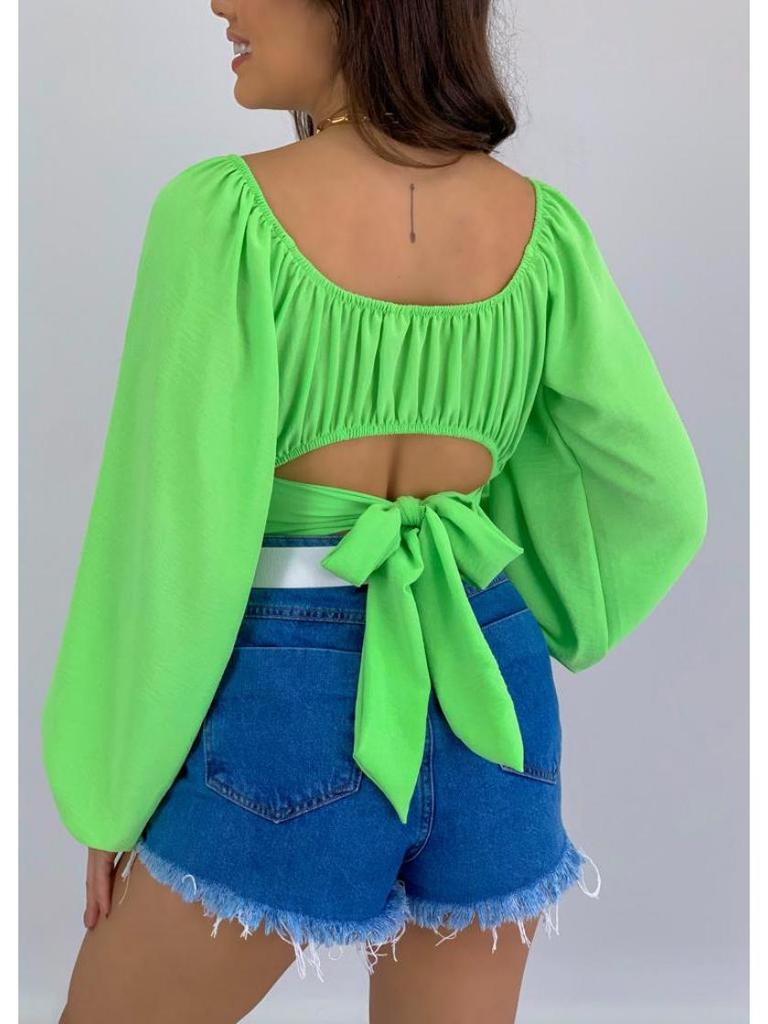 European & American Women's Off-the-Shoulder Lantern Sleeve Crop Top with Lace-Up Design