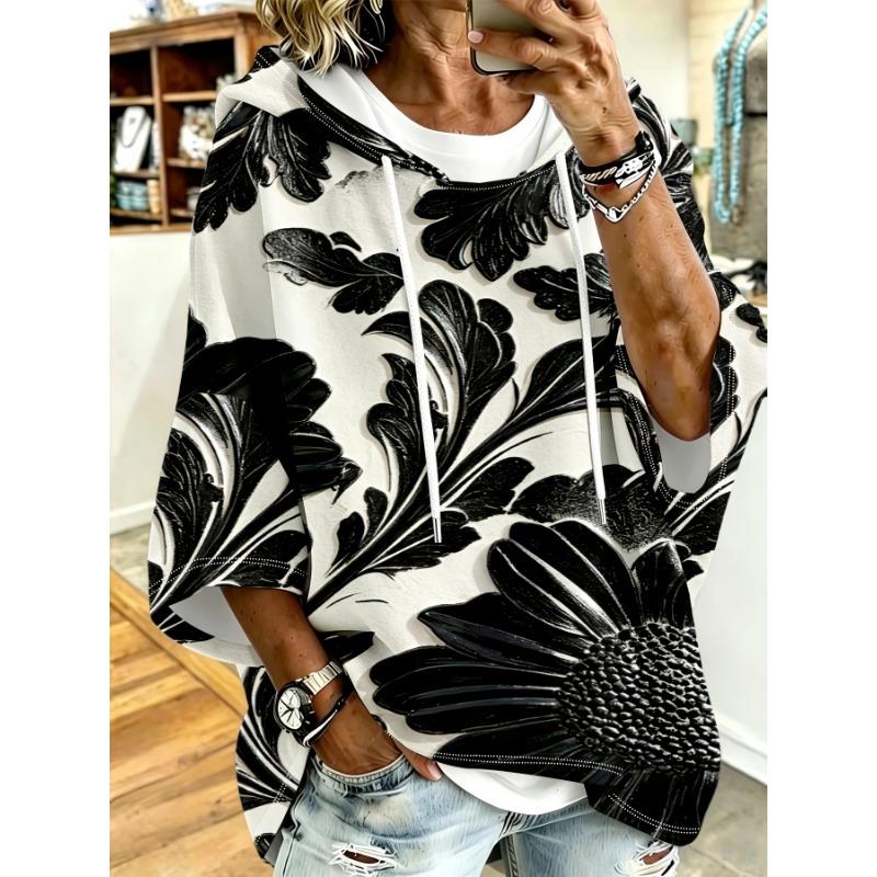 White Daisy Texture Loose Drop Sleeve Hoodie