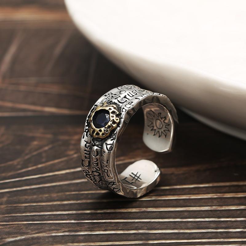 Retro Graffiti Ring For Men Women Punk Gothic Adjustable Open Ring Copper Zircon Rock Hiphop Trendy Accessories Unisex Gift