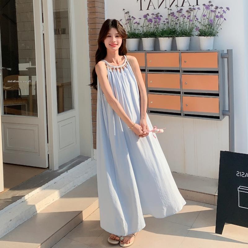 Blue Small Fresh Seaside Romantic Long Dress Summer New Romantic Neck Dress Women
