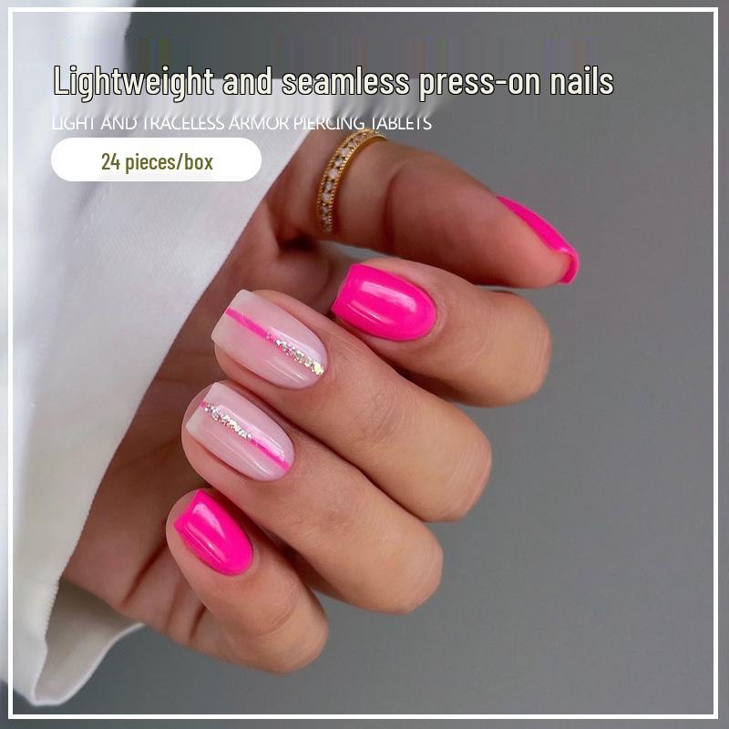 

Розово-красные и розовые цветные блоки, накладные ногти - квадратный дизайн с блестящими полосками, съемные накладные ногти для смелого, пикантного образа Gel Glue Version