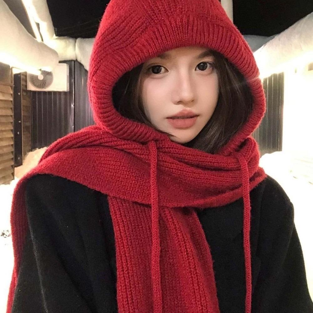 Korean Style Hood Scarf Combo Thick Knit Knitted Hooded Beanie Winter Balaclava Hat Cold Weather