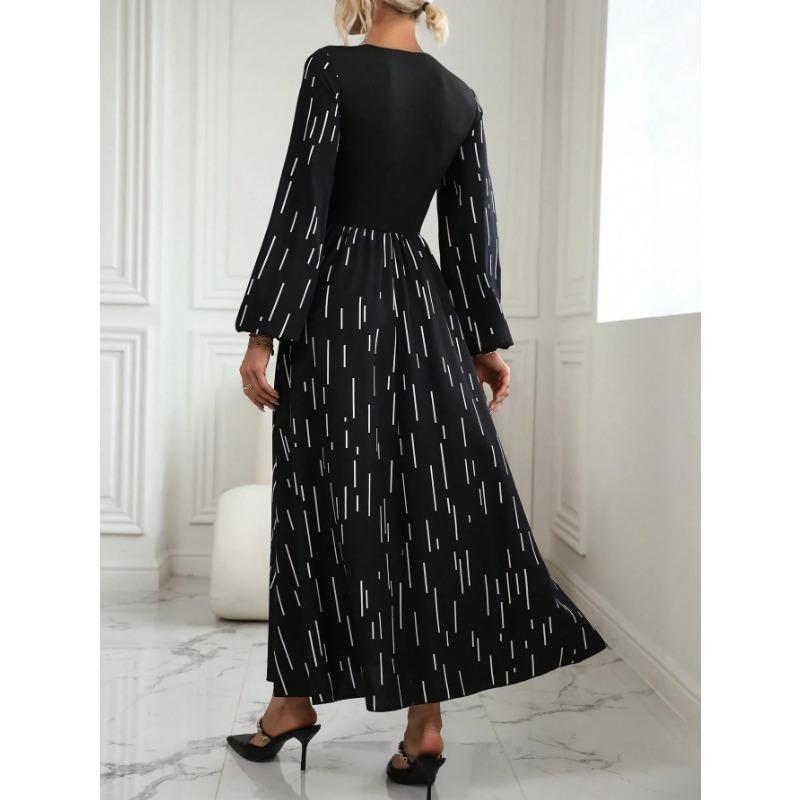 Autumn and Winter Women's Fashion Printed Tribute Crew-neck Dress