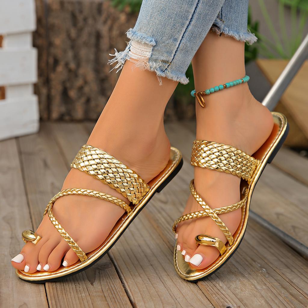 Fashion Women Slippers Fashion Gold Clip Toe Sandals Women Summer Flat Heels Beach Flip Flops Woman  Lightweight Slippers Slides Women
