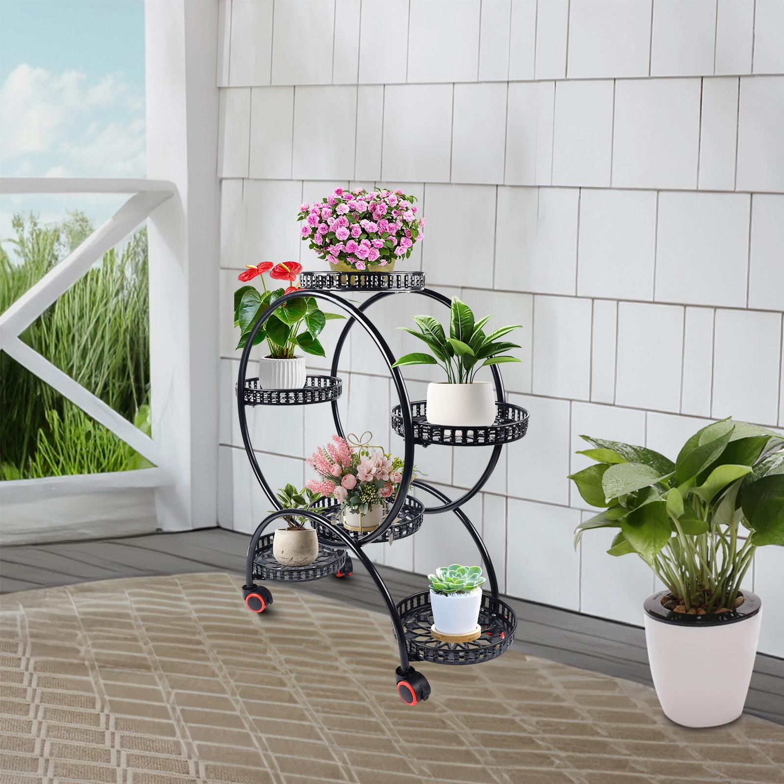 

Modern Iron Plant Stand with 6 Trays & 4 Wheels, 4-Tier Black Flower Shelf for Indoor Outdoor Use, Freestanding Garden Rack чёрный