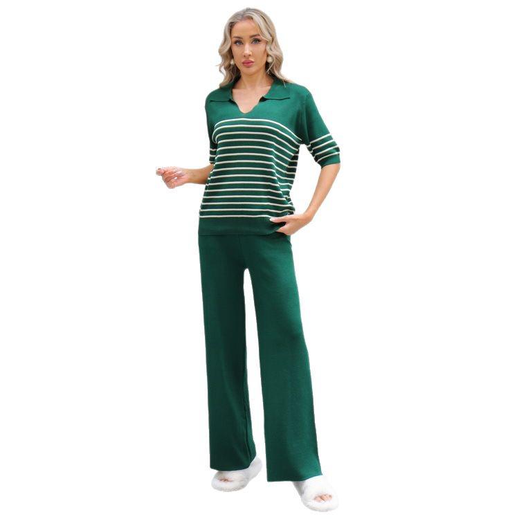 Color Block Knit Top & High-Waisted Wide-Leg Pants Two-Piece Set