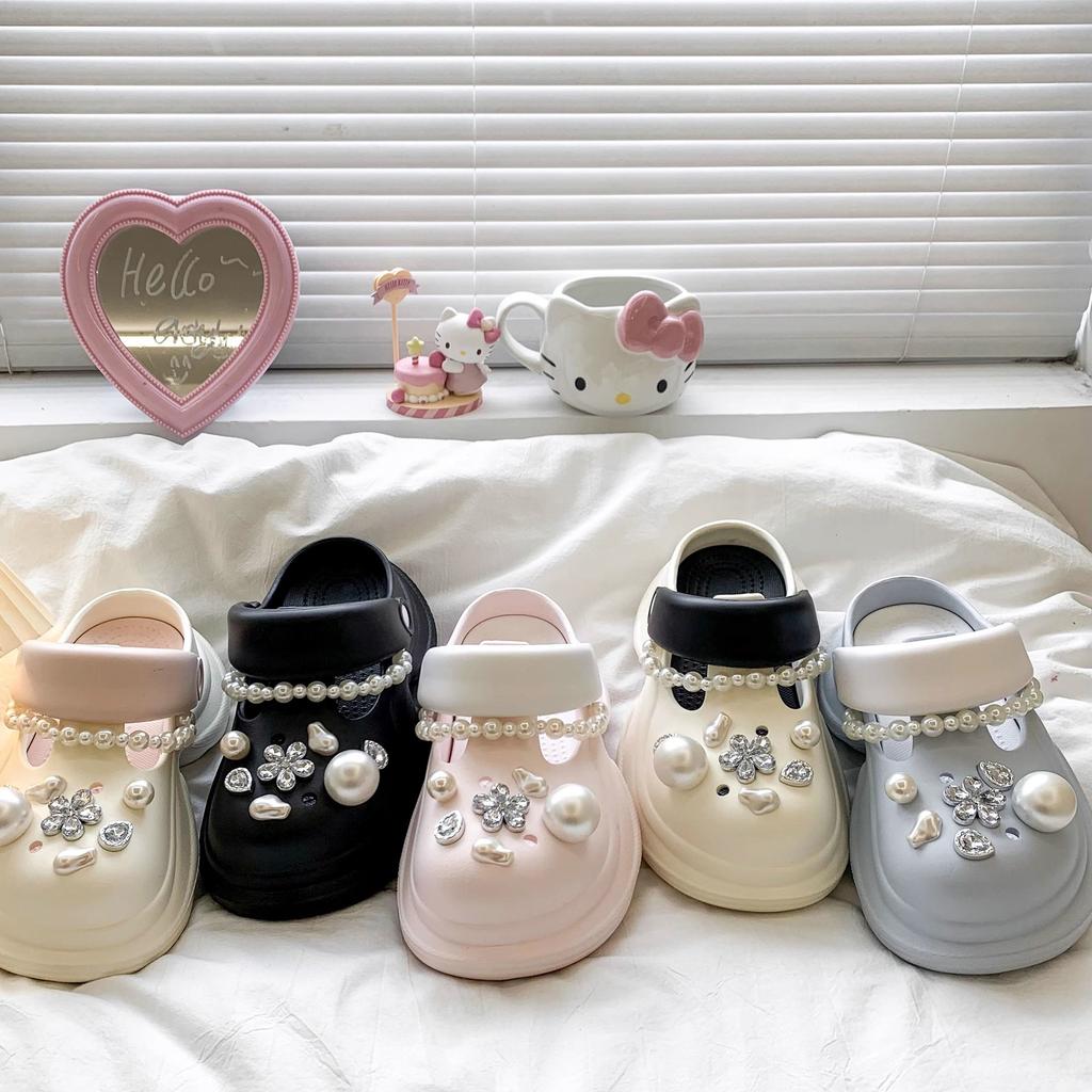 Thick-soled heightening hole shoes for women's outer wear 2025 summer new non-slip rhinestone pearl beach shoes cool slippers for women