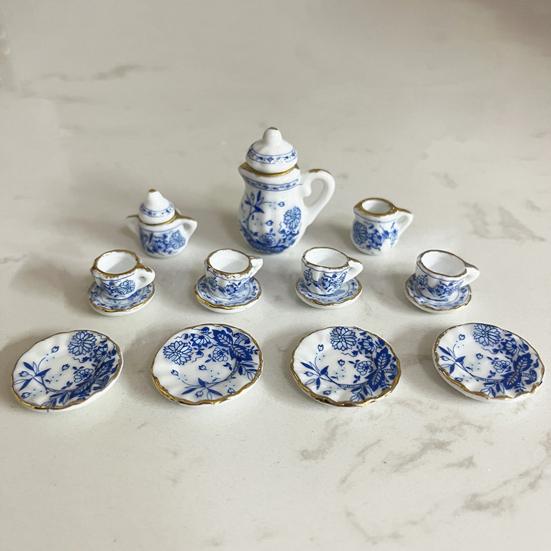 1:12 Miniature Ceramic Tea Set Gold Edge Collection Realistic Mini Teapot Cups And Saucers Micro Scene Decor for DIY Projects Collectors Kids