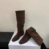 Pile Boots Female Knight Boots Vintage Suede Thick Heel Square Head Winter Khaki Pleated Tall Boots