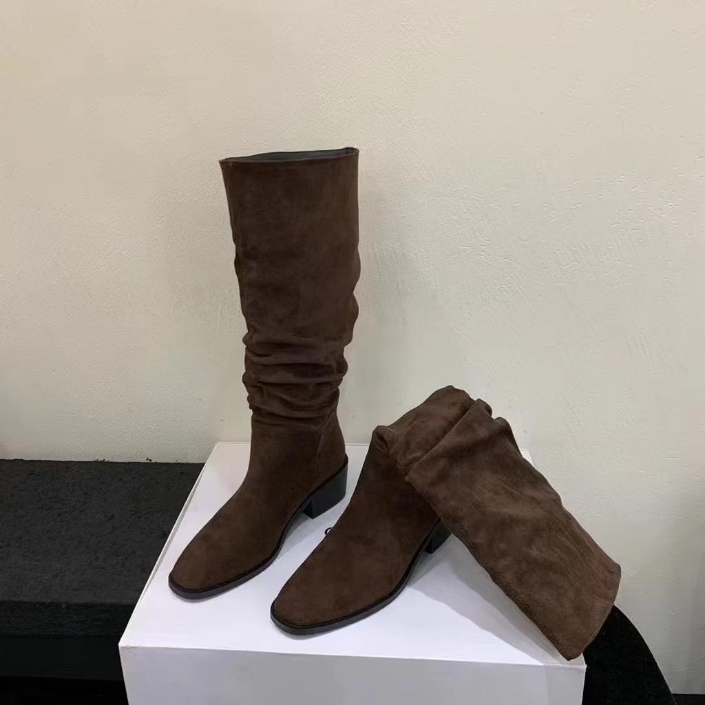 Pile Boots Female Knight Boots Vintage Suede Thick Heel Square Head Winter Khaki Pleated Tall Boots