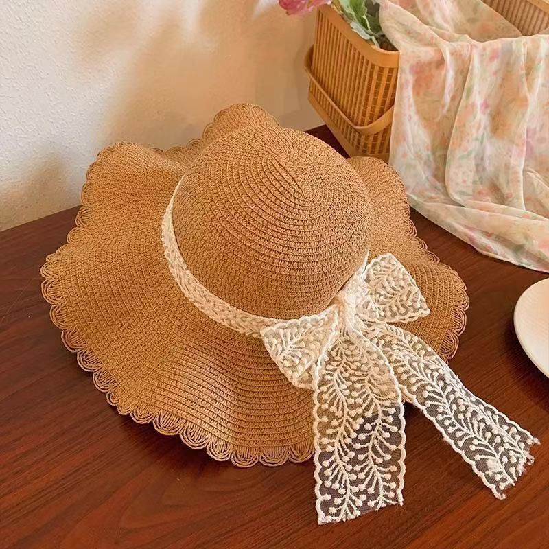 New bow lace straw hat women's summer seaside beach vacation sun hat large brim sun protection hat