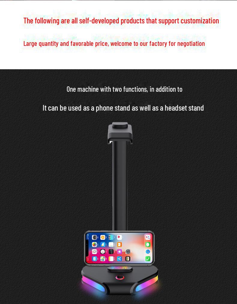 Černý svítící herní stojan na sluchátka - multifunkční stolní počítač nezbytný