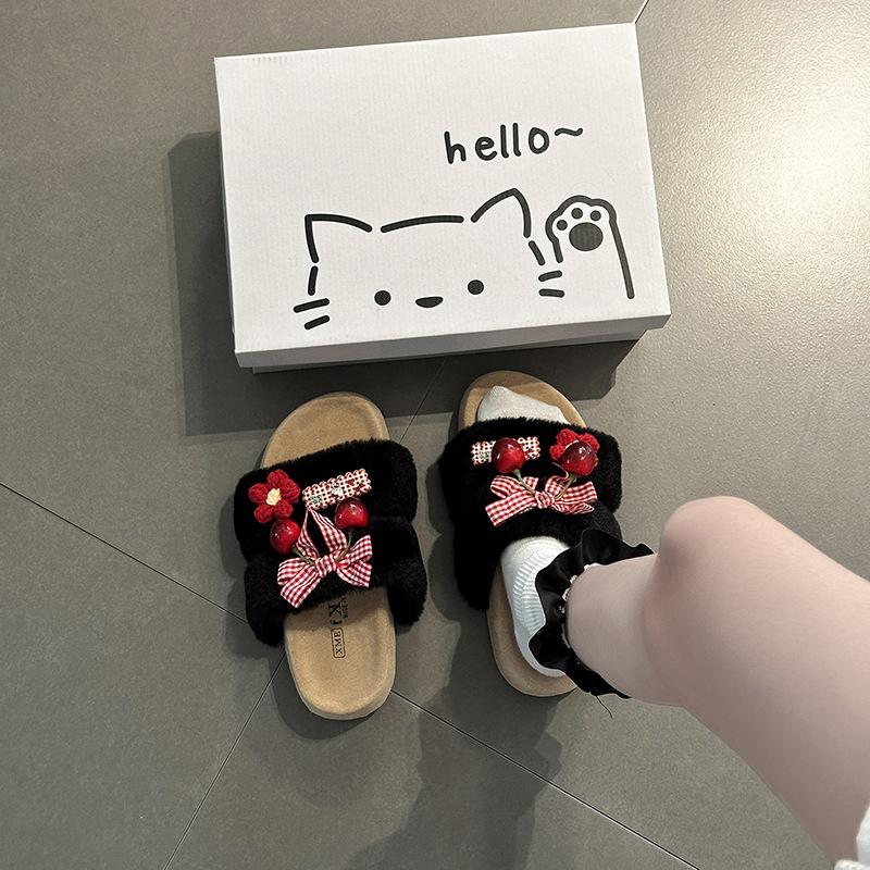 Bow Suede Small Safflower One-word Fluffy Slippers Women's Autumn and Winter Cute Cartoon Fashion Casual Thick-soled Slippers